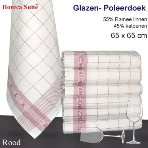 Glazendoek Rood Ruite50% Ramee Linnen 50% katoen 65x65 cm Ja 6 Stuks Per Zak