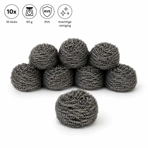 [PR/03048] Reinigingsspons RVS Metaalsponzen – Set van 10 Stuks – 60 Gram per Spons – Pannenspons voor Hardnekkig Vuil – Roestvrijstalen Schuurspons