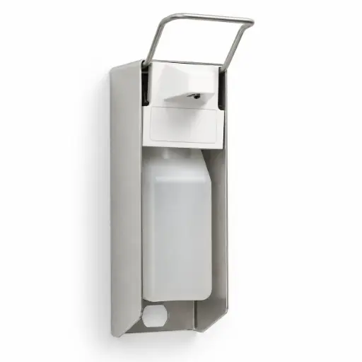 [CC00183] Dispenser voor wandmontage 27,5 cm x 8,5 cm x 23 cm "Aluminium" 500 ml, lange hendel, inclusief lege fles