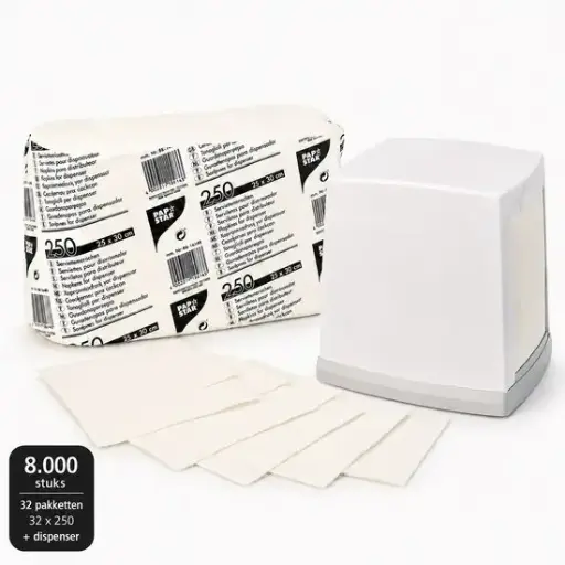 PAPSTAR Serviettendispenser met Navulservetten – 8.000 Witte Servetten – 32 x 250 Stuks – 1-Laags – 25 x 30 cm – Dispenser Grijs/Wit