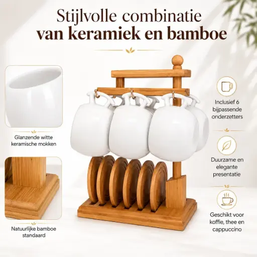 [CC00217] 6-Delige Grote Bekerset Met Bamboe Standaard