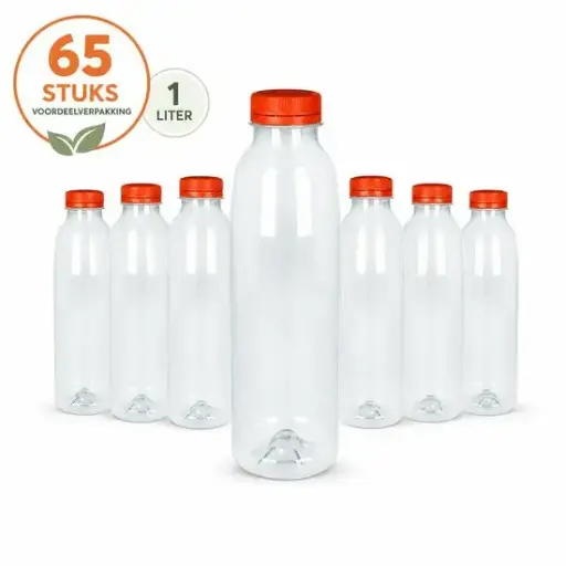 [HRC00123] rPET Sapflessen 1 Liter met Oranje Vaste Dop – 65 Stuks – Transparante Flessen voor Sap, Smoothies en Koude Dranken – 1000 ml
