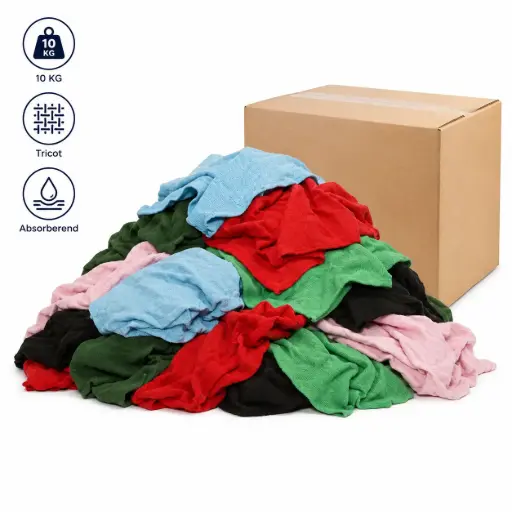 [NM120238] Bonte Tricot Poetsdoeken – 10 kg – Dikke Absorberende Poetslappen – Zachte Reinigingsdoeken voor Werkplaats en Industrie