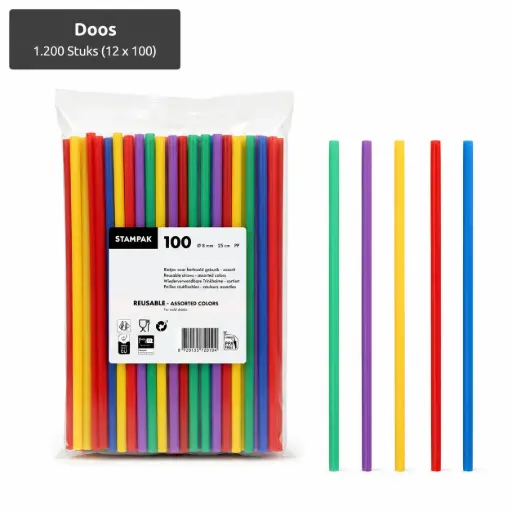 [PP120229] Herbruikbare shake rietjes PP Ø 8 mm · 25 cm reusable drinkrietjes assorti kleuren 1200 stuks (12x100)