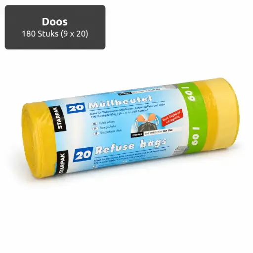 [PP150208] Vuilniszakken met trekband, LDPE 60 l 71 cm x 64,5 cm trekbandzakken geel, 20 my 180 stuks (9x20)