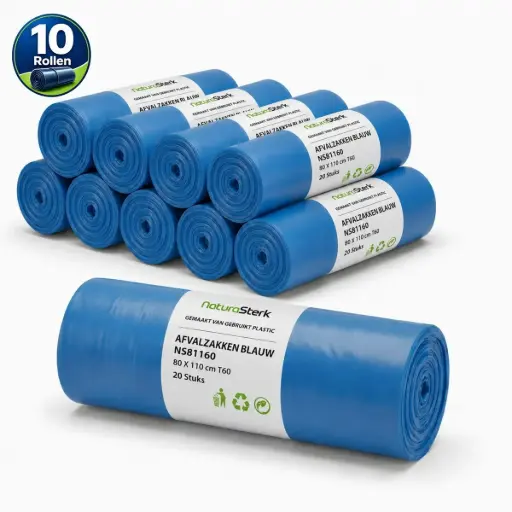 NaturaSterk Afvalzak Blauw T60 80x110 cm 145 Liter HDPE-LDPE 10 Rollen x20 Stuks ( Per Doos Totaal 200 Stuks ) 