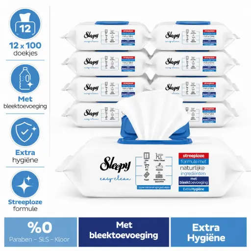 [SP150143] Sleepy Easy Clean Oppervlaktereinigingsdoekjes – 12 x 100 Doekjes – Met Bleektoevoeging – Streeploze Formule – Extra Hygiëne