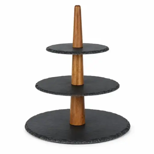 [CC00377] 3-Laagse Serveerstandaard – Etagère met Slate-Look Plateaus en Houten Handgreep – 31 cm Hoog – Ø15/20/25 cm
