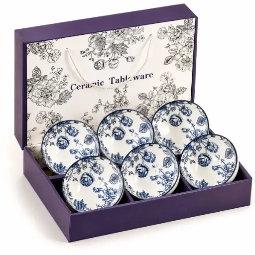 6-delige Keramische Kommenset Blauw-Wit – 11,4 cm Kommen – Bohemian Bloemdesign – Rijstkommen, Soepkommen, Dessertkommen – Met Decoratieve Geschenkverpakking 