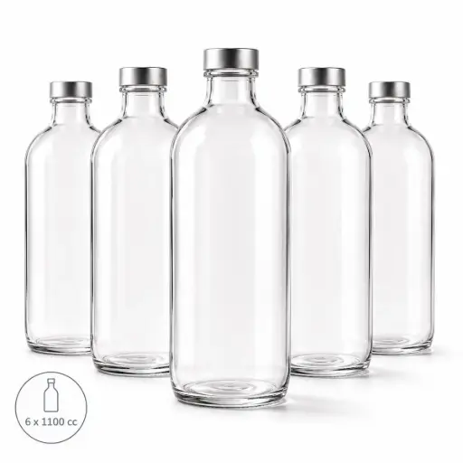 [CC00433] Pasabahce Iconic Glazen Flessen Set 6 stuks – 1000 cc per fles – Transparante Waterfles met Metalen Dop – Glazen Karaf voor Water, Sap en Limonade – 1 Liter – Serveersefles voor Keuken en Tafel 