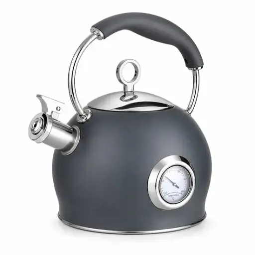 [CC00435] Retro Theepot Roestvrijstalen Fluitketel met Thermometer – 3L – RVS Waterketel voor Inductie, Gas, Elektrisch & Keramisch – Fluitende Schenktuit – Antraciet 