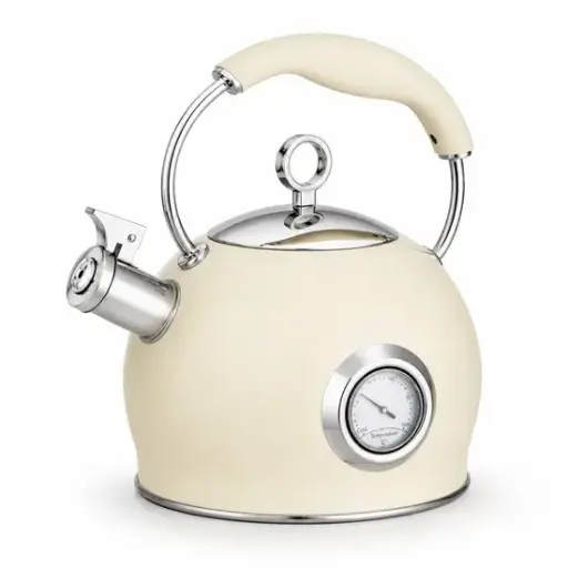 Retro Theepot Roestvrijstalen Fluitketel met Thermometer – 3L – RVS Waterketel voor Inductie, Gas, Elektrisch & Keramisch – Fluitende Schenktuit – Beige 