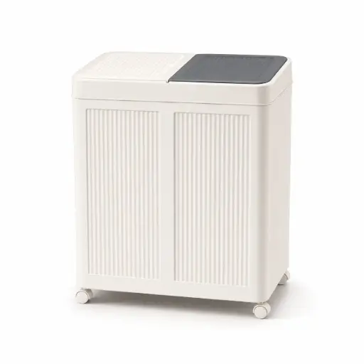 Wasmand 100 Liter met 2 Vakken en Deksel – Verrijdbare Wasmand op Wielen – Compacte Dubbele Wasmand – Wit/Grijs – 49,5 x 36 x 61 cm 