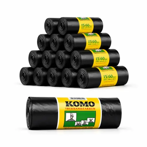 [KO150096] KOMO Afvalzakken met Trekband Zwart 60 Liter – 60 x 80 cm – 15 Rollen x 15 Zakken – 225 Stuks – Stevige Vuilniszakken voor Thuis, Kantoor en Horeca