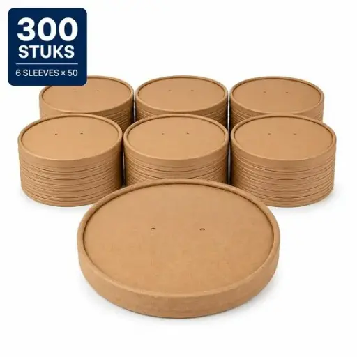 [NM120043] Kraft Deksels voor Saladebowls Ø148 mm – Geschikt voor 500, 750 en 1000 ml – Karton met PE-Coating – 300 Stuks
